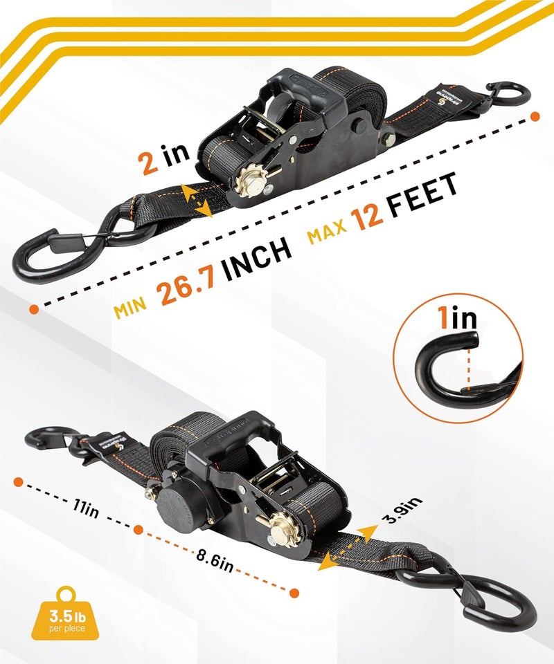 Strapinno Retractable Ratchet Tie-Down Straps,5,000 lbs Breaking Strength- 2 in x 12 ft Heavy Duty Ratchet Strap with Safety Lock S Hooks for Motorcycles, ATVs, UTVs, Lawn Equipment & Cargo (Black) - Image 3